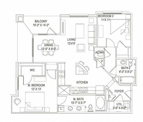 Floor plan for 2 beds, 2 baths, 1144 sqft